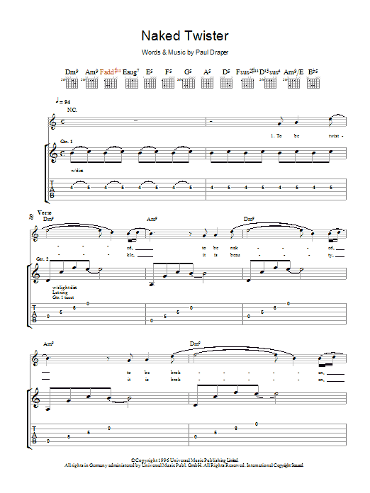 Download Mansun Naked Twister Sheet Music and learn how to play Guitar Tab PDF digital score in minutes