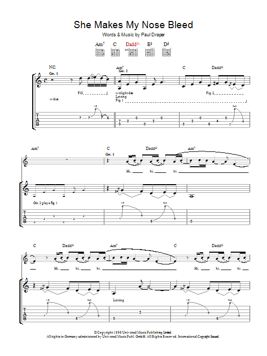 Download Mansun She Makes My Nose Bleed Sheet Music and learn how to play Guitar Tab PDF digital score in minutes