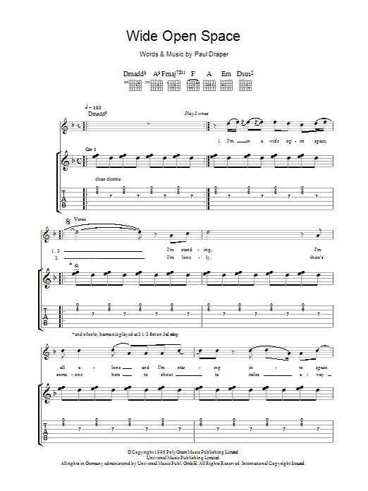 Download Mansun Wide Open Space Sheet Music and learn how to play Melody Line, Lyrics & Chords PDF digital score in minutes