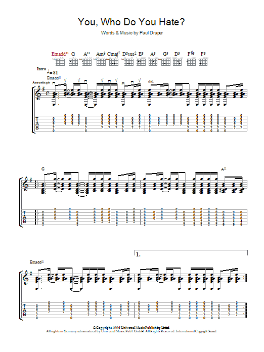 Download Mansun You, Who Do You Hate? Sheet Music and learn how to play Guitar Tab PDF digital score in minutes