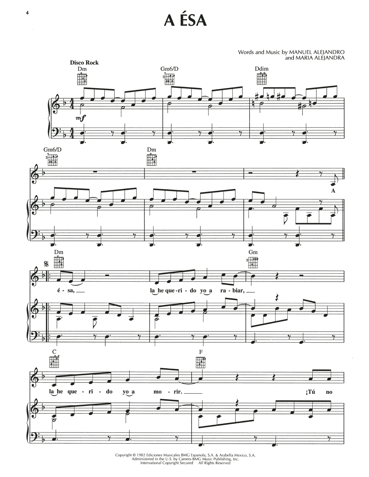 Download Manuel Alejandro A Esa Sheet Music and learn how to play Piano, Vocal & Guitar Chords (Right-Hand Melody) PDF digital score in minutes