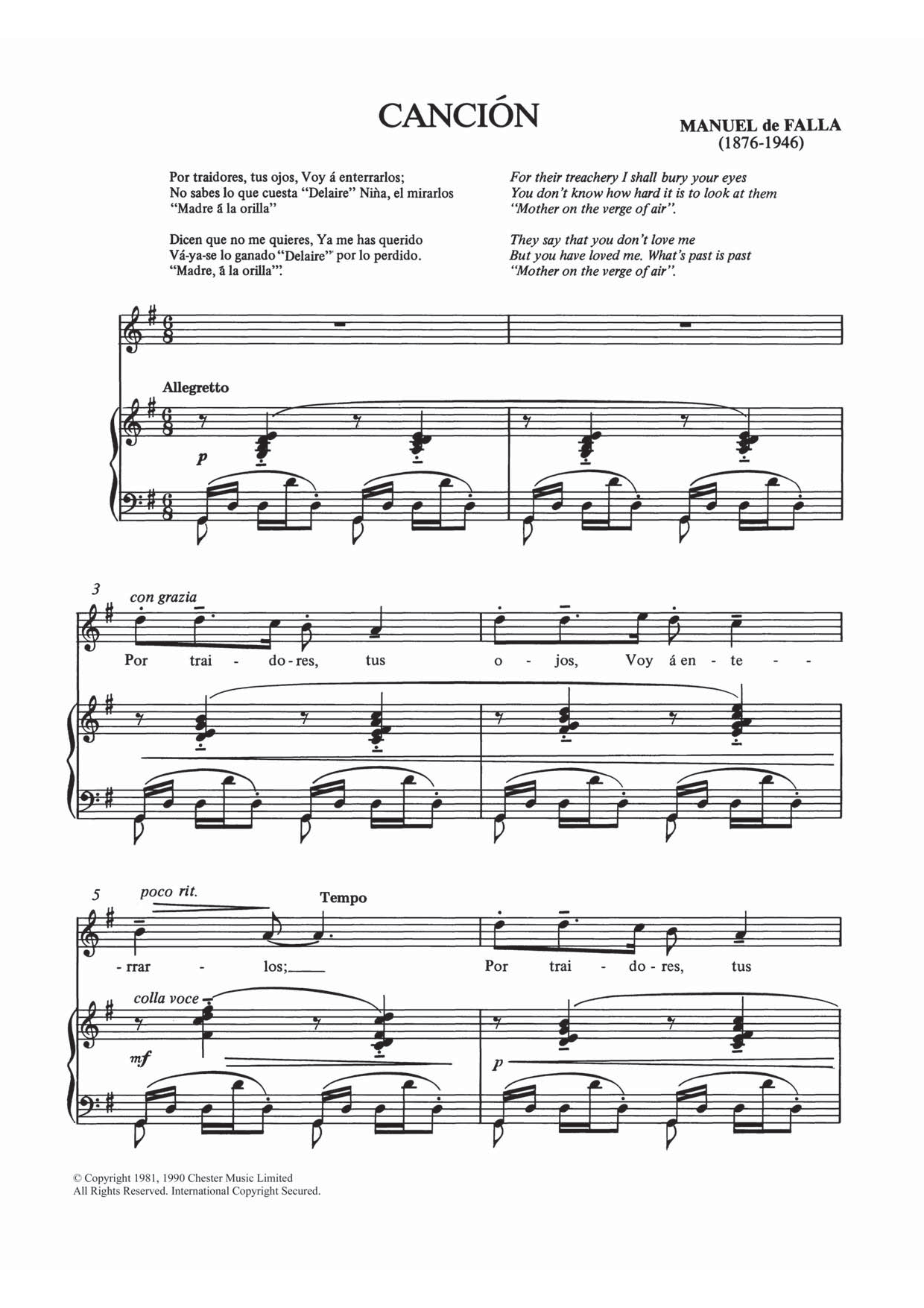 Download Manuel De Falla Canción Sheet Music and learn how to play Piano & Vocal PDF digital score in minutes