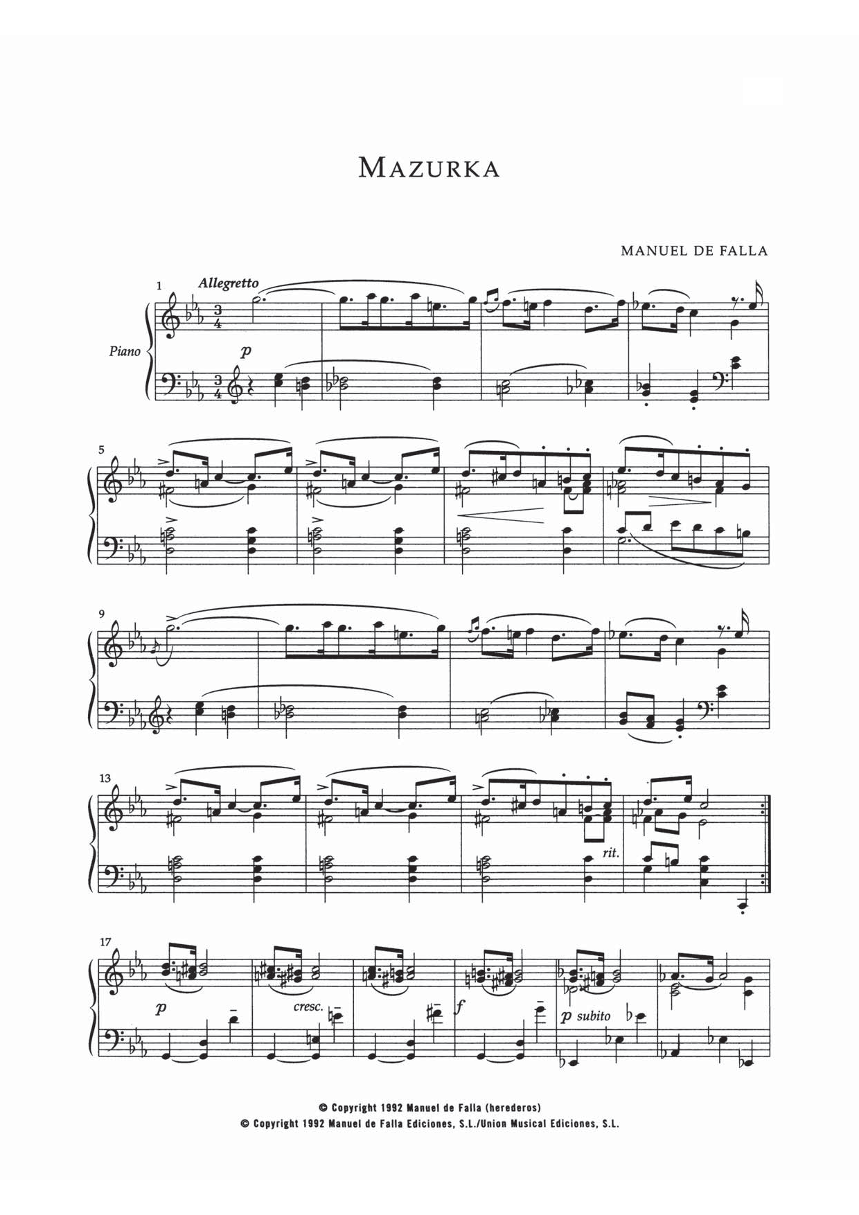Download Manuel De Falla Mazurka In Do Menor Sheet Music and learn how to play Piano PDF digital score in minutes