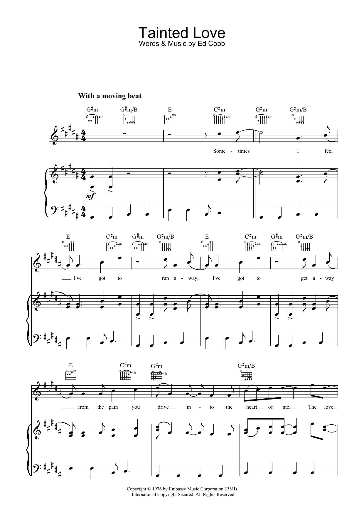 Download Marc Almond & Soft Cell Tainted Love Sheet Music and learn how to play Piano, Vocal & Guitar (Right-Hand Melody) PDF digital score in minutes