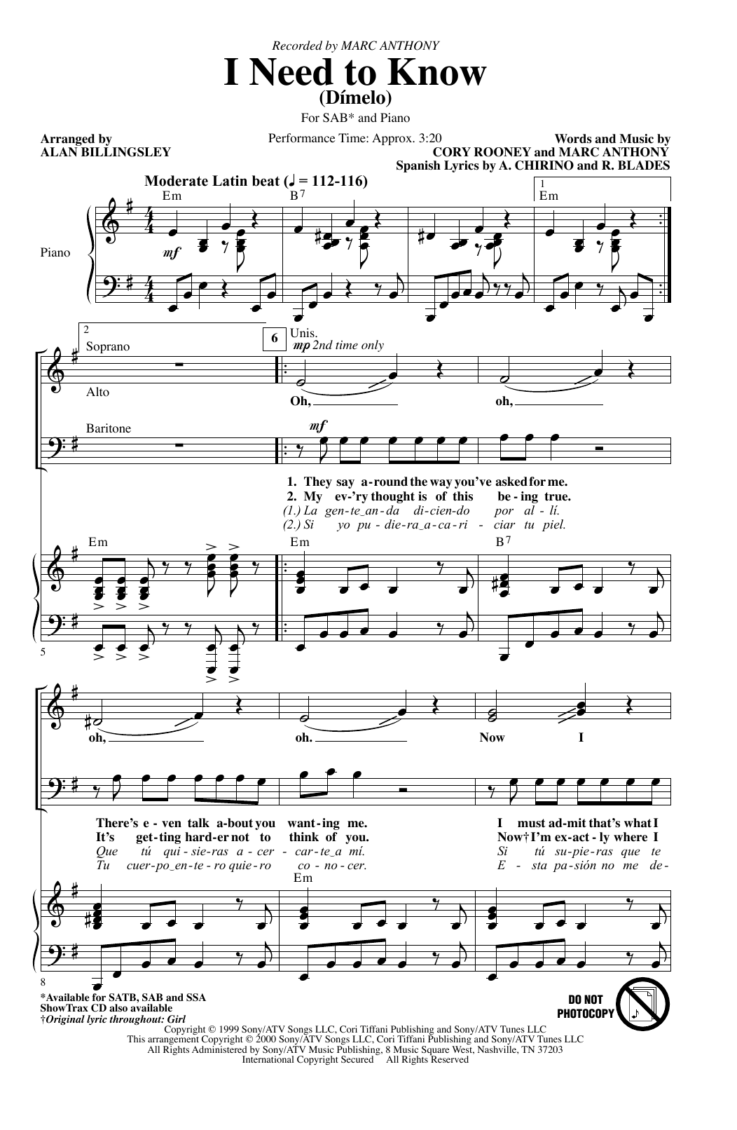 Download Marc Anthony I Need To Know (Dimelo) (arr. Alan Billingsley) Sheet Music and learn how to play SAB Choir PDF digital score in minutes