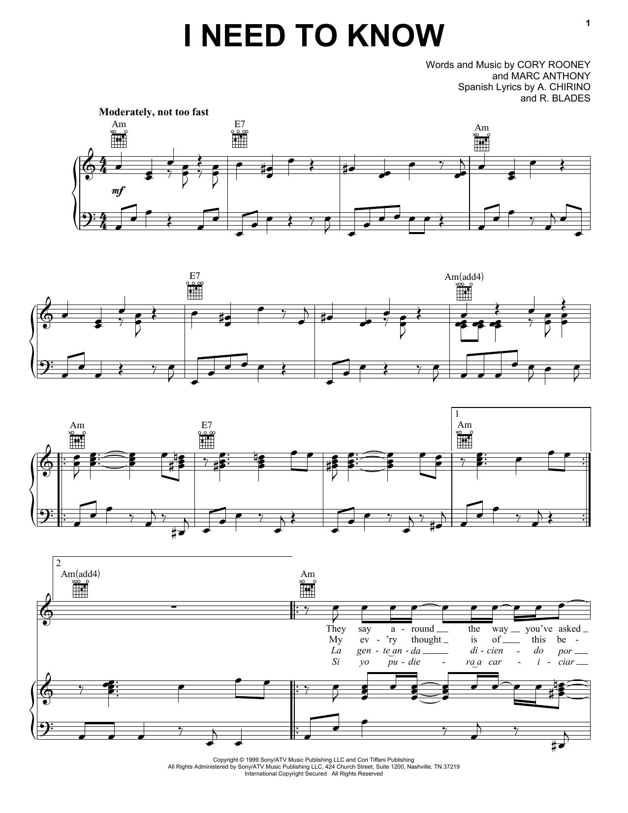 Download Marc Anthony I Need To Know Sheet Music and learn how to play Piano, Vocal & Guitar (Right-Hand Melody) PDF digital score in minutes