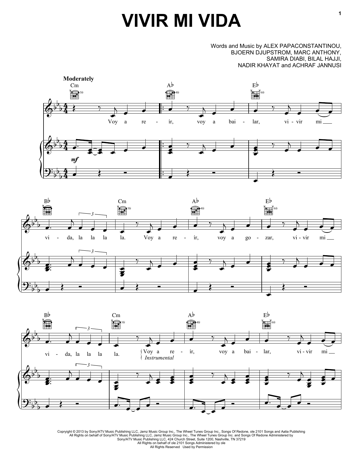 Download Marc Anthony Vivir Mi Vida Sheet Music and learn how to play Piano, Vocal & Guitar Chords (Right-Hand Melody) PDF digital score in minutes