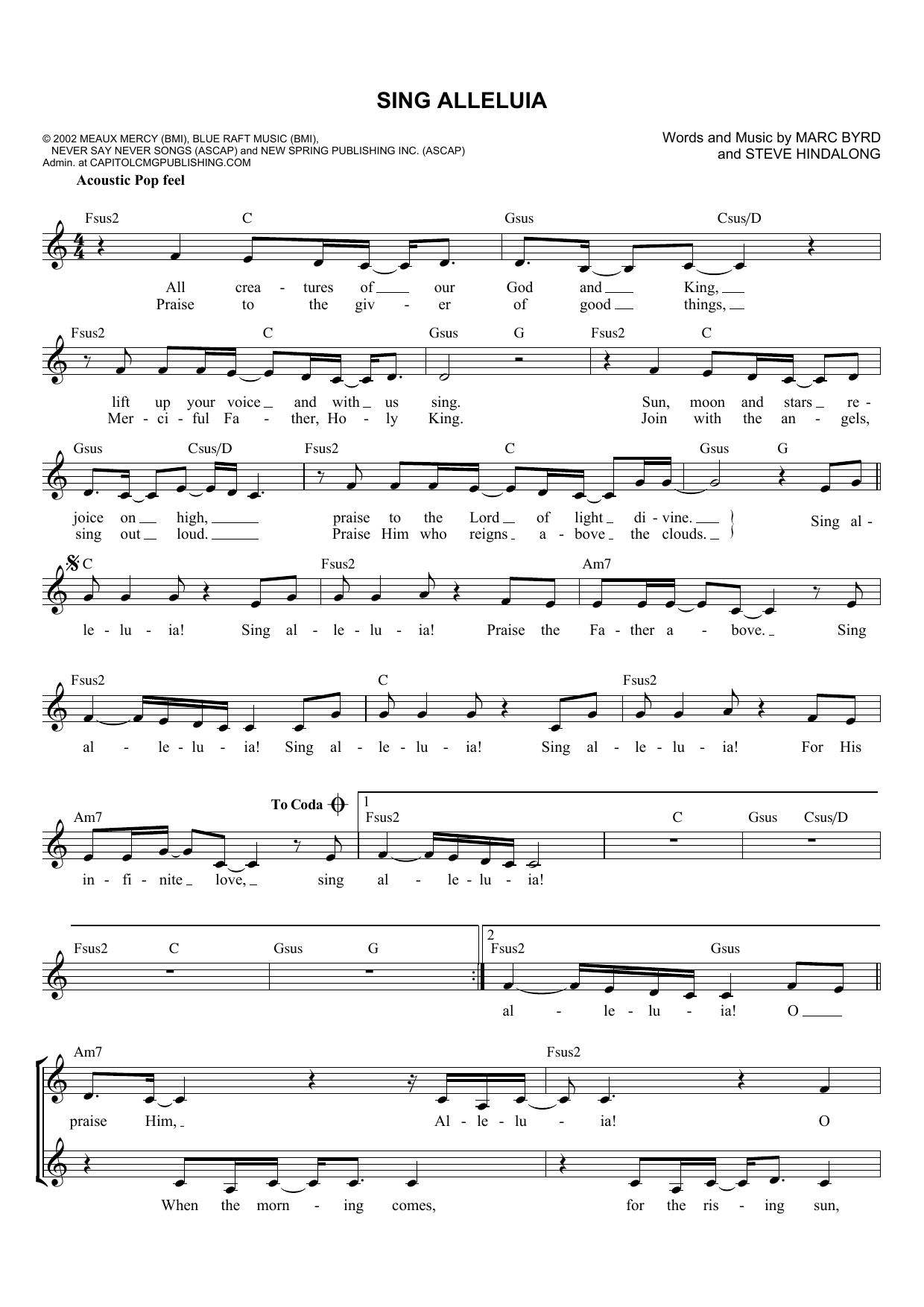 Download Marc Byrd Sing Alleluia Sheet Music and learn how to play Melody Line, Lyrics & Chords PDF digital score in minutes