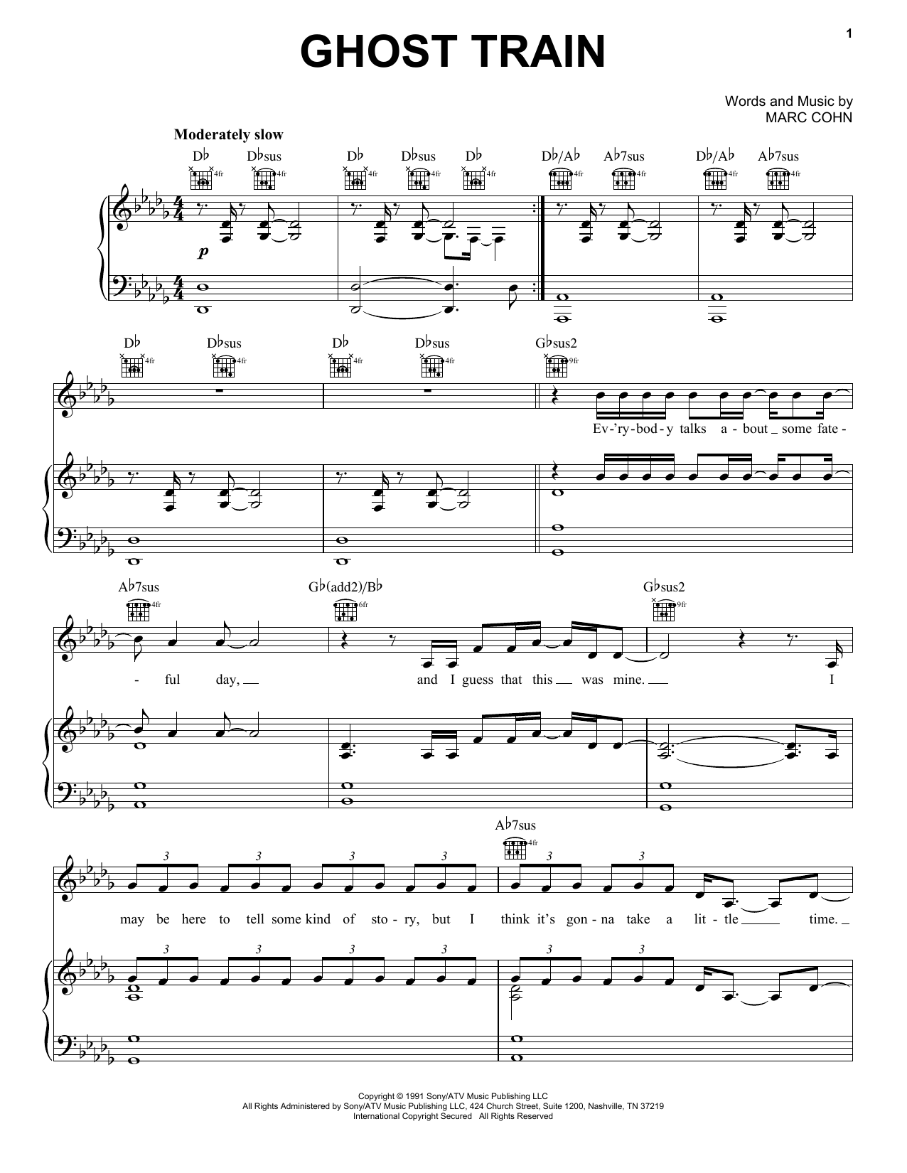 Download Marc Cohn Ghost Train Sheet Music and learn how to play Piano, Vocal & Guitar Chords (Right-Hand Melody) PDF digital score in minutes