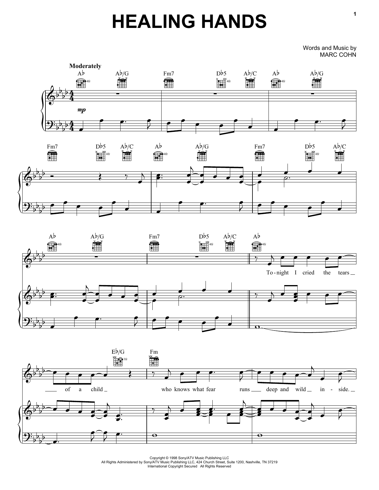 Download Marc Cohn Healing Hands Sheet Music and learn how to play Piano, Vocal & Guitar Chords (Right-Hand Melody) PDF digital score in minutes