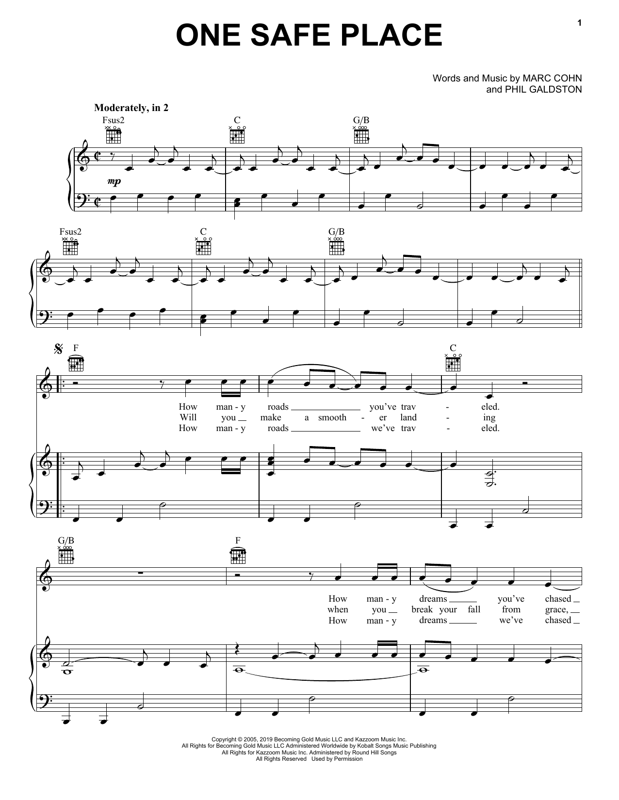 Download Marc Cohn One Safe Place Sheet Music and learn how to play Piano, Vocal & Guitar Chords (Right-Hand Melody) PDF digital score in minutes