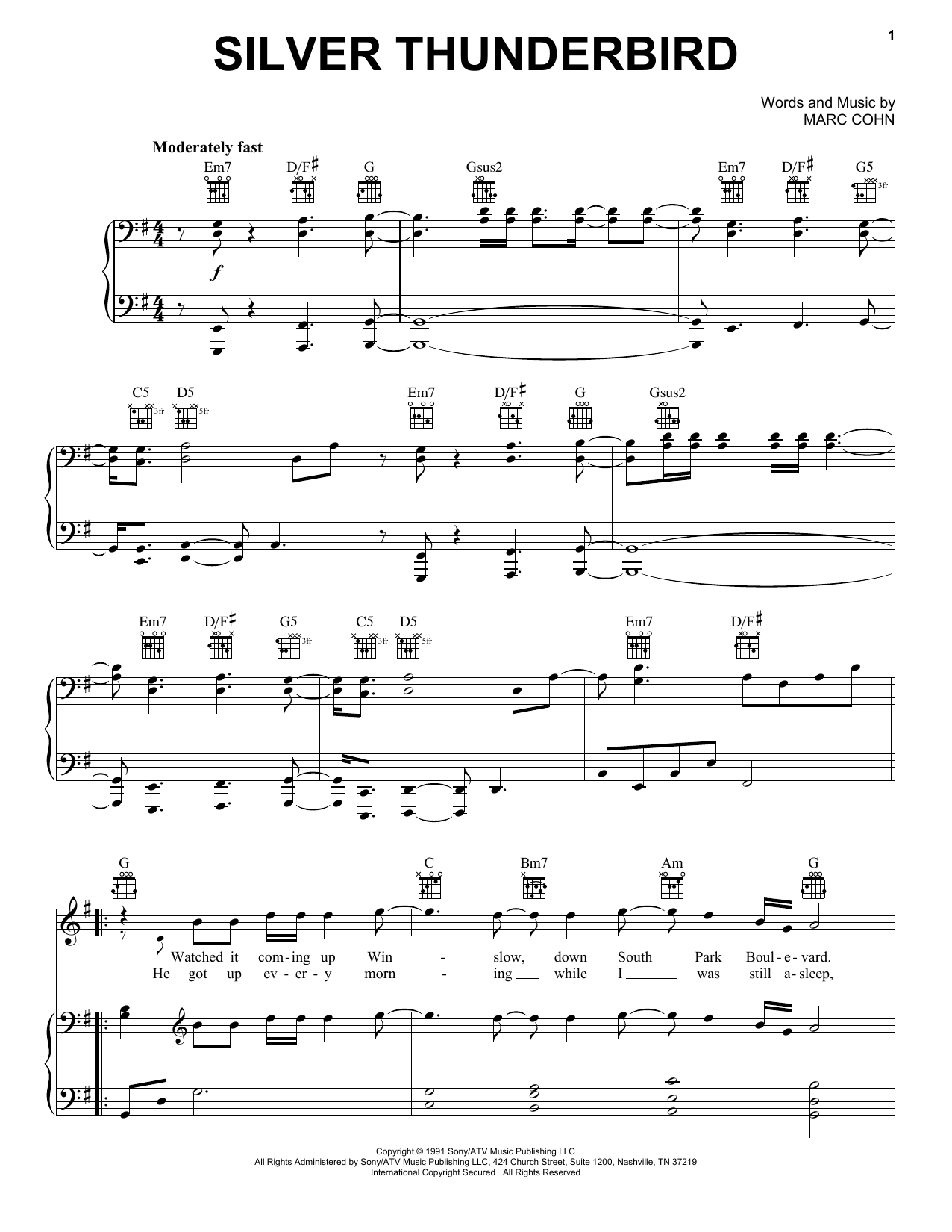 Download Marc Cohn Silver Thunderbird Sheet Music and learn how to play Piano, Vocal & Guitar Chords (Right-Hand Melody) PDF digital score in minutes
