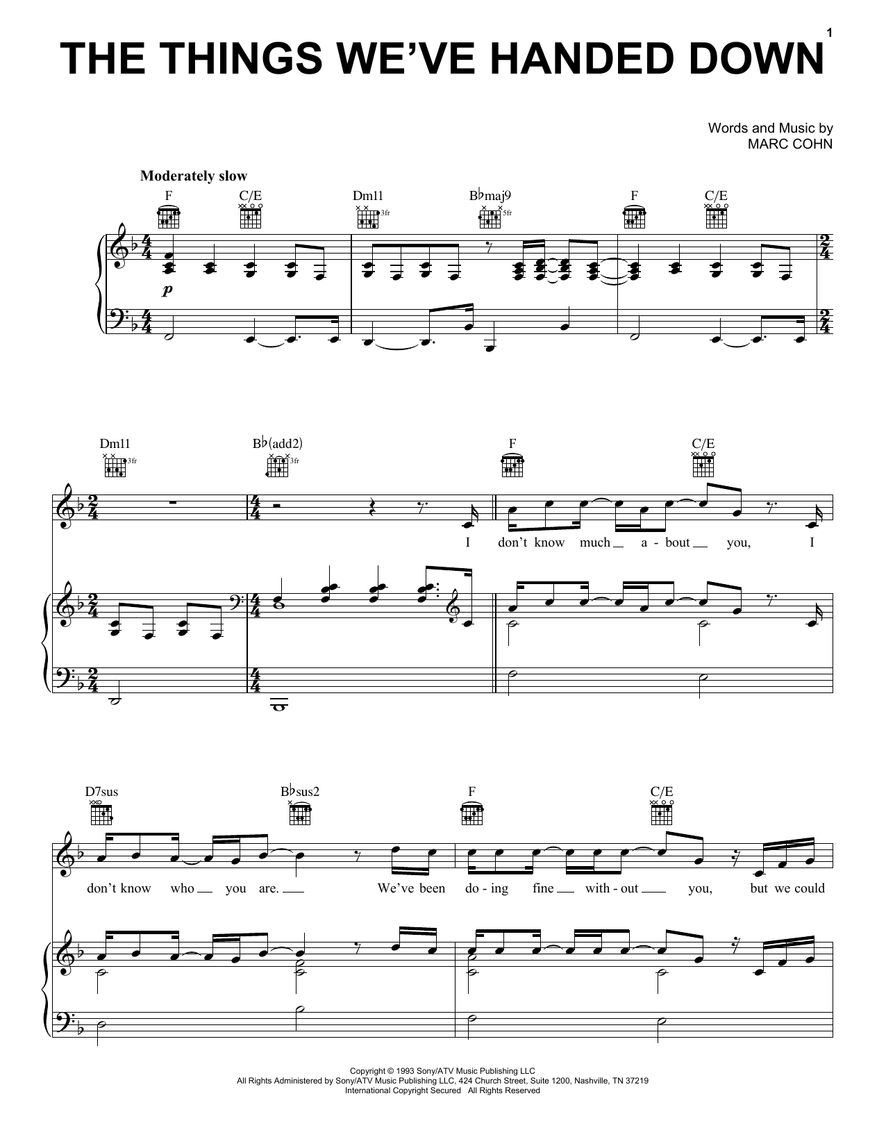 Download Marc Cohn The Things We've Handed Down Sheet Music and learn how to play Piano, Vocal & Guitar Chords (Right-Hand Melody) PDF digital score in minutes