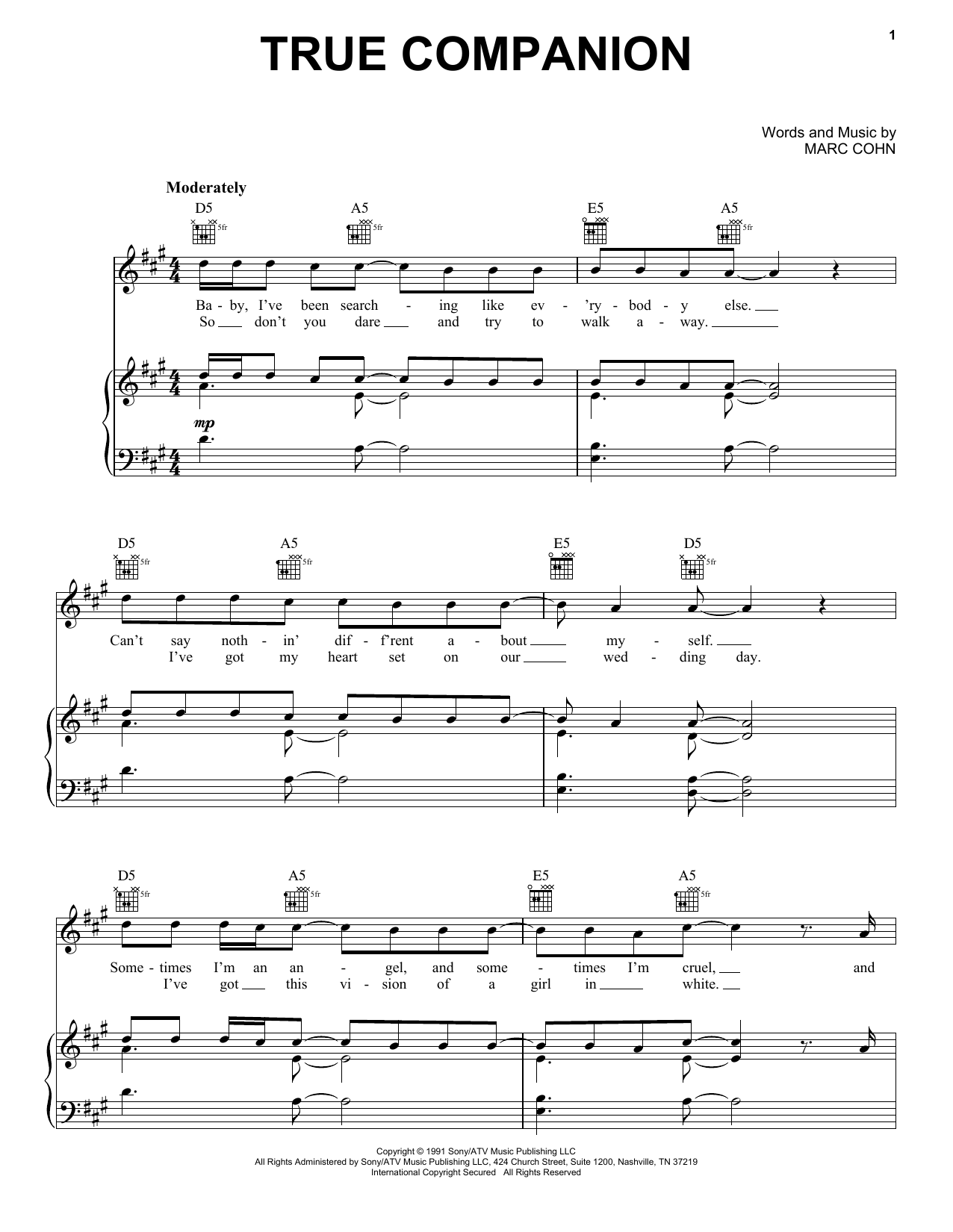 Download Marc Cohn True Companion Sheet Music and learn how to play Piano, Vocal & Guitar (Right-Hand Melody) PDF digital score in minutes