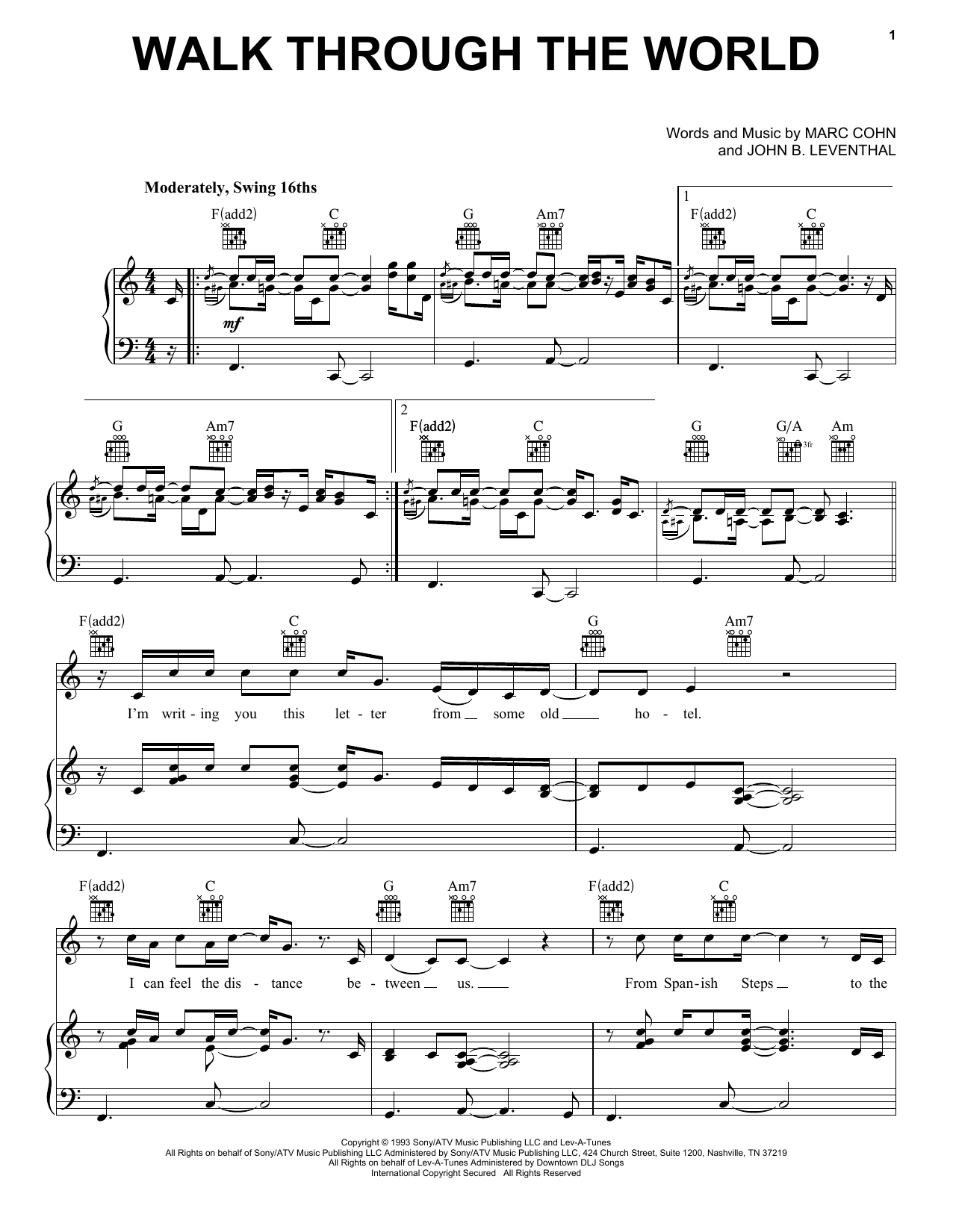 Download Marc Cohn Walk Through The World Sheet Music and learn how to play Piano, Vocal & Guitar Chords (Right-Hand Melody) PDF digital score in minutes