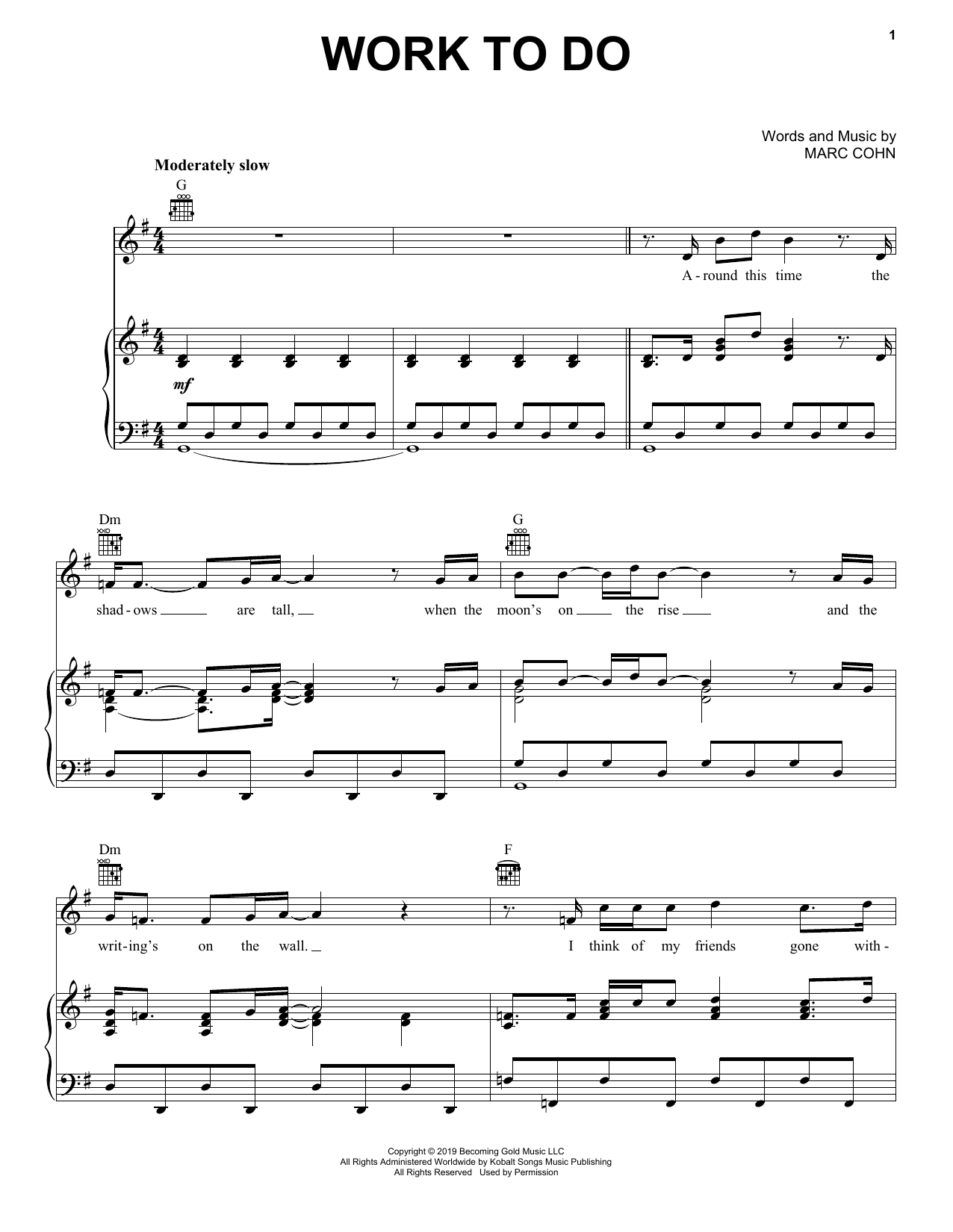 Download Marc Cohn Work To Do Sheet Music and learn how to play Piano, Vocal & Guitar Chords (Right-Hand Melody) PDF digital score in minutes