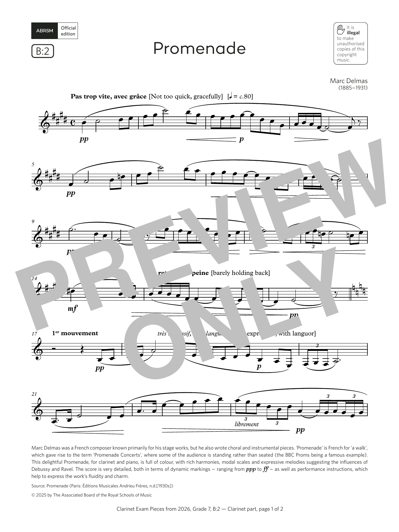 Download Marc Delmas Promenade (Grade 7, list B2, from the ABRSM Clarinet Syllabus from 2026) Sheet Music and learn how to play Clarinet Solo PDF digital score in minutes