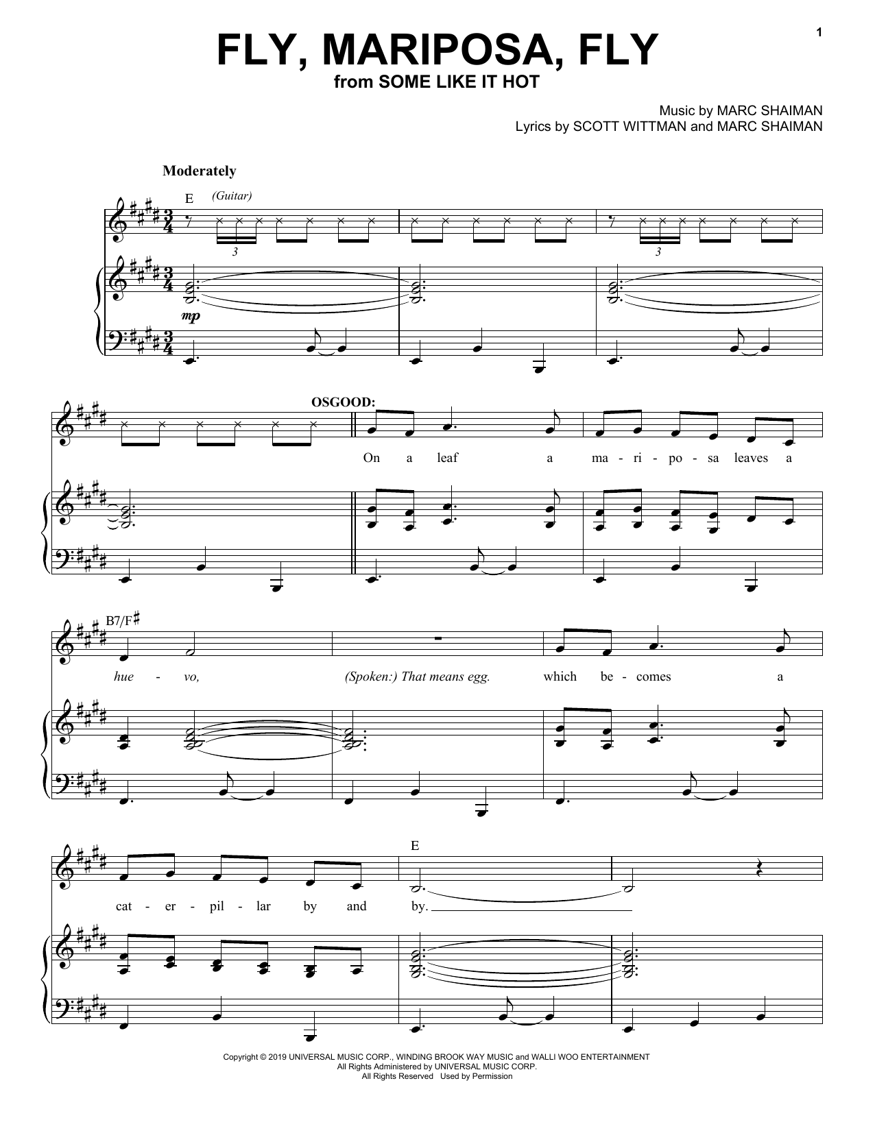 Download Marc Shaiman & Scott Wittman Fly, Mariposa, Fly (from Some Like It Hot) Sheet Music and learn how to play Piano, Vocal & Guitar Chords (Right-Hand Melody) PDF digital score in minutes