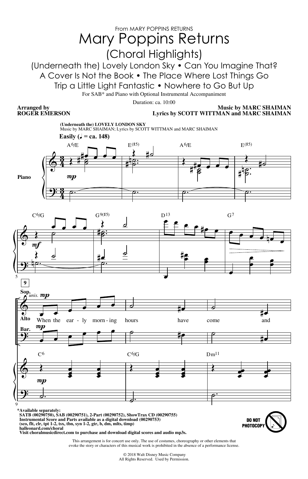 Download Marc Shaiman & Scott Wittman Mary Poppins Returns (Choral Highlights) (arr. Roger Emerson) Sheet Music and learn how to play 2-Part Choir PDF digital score in minutes