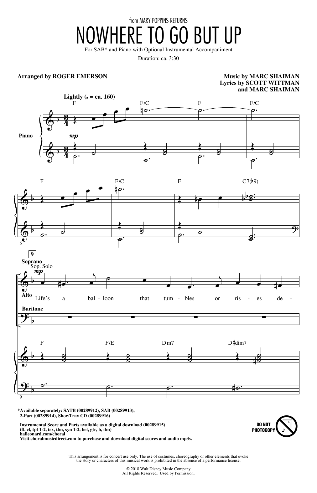 Download Marc Shaiman & Scott Wittman Nowhere To Go But Up (from Mary Poppins Returns) (arr. Roger Emerson) Sheet Music and learn how to play SAB Choir PDF digital score in minutes