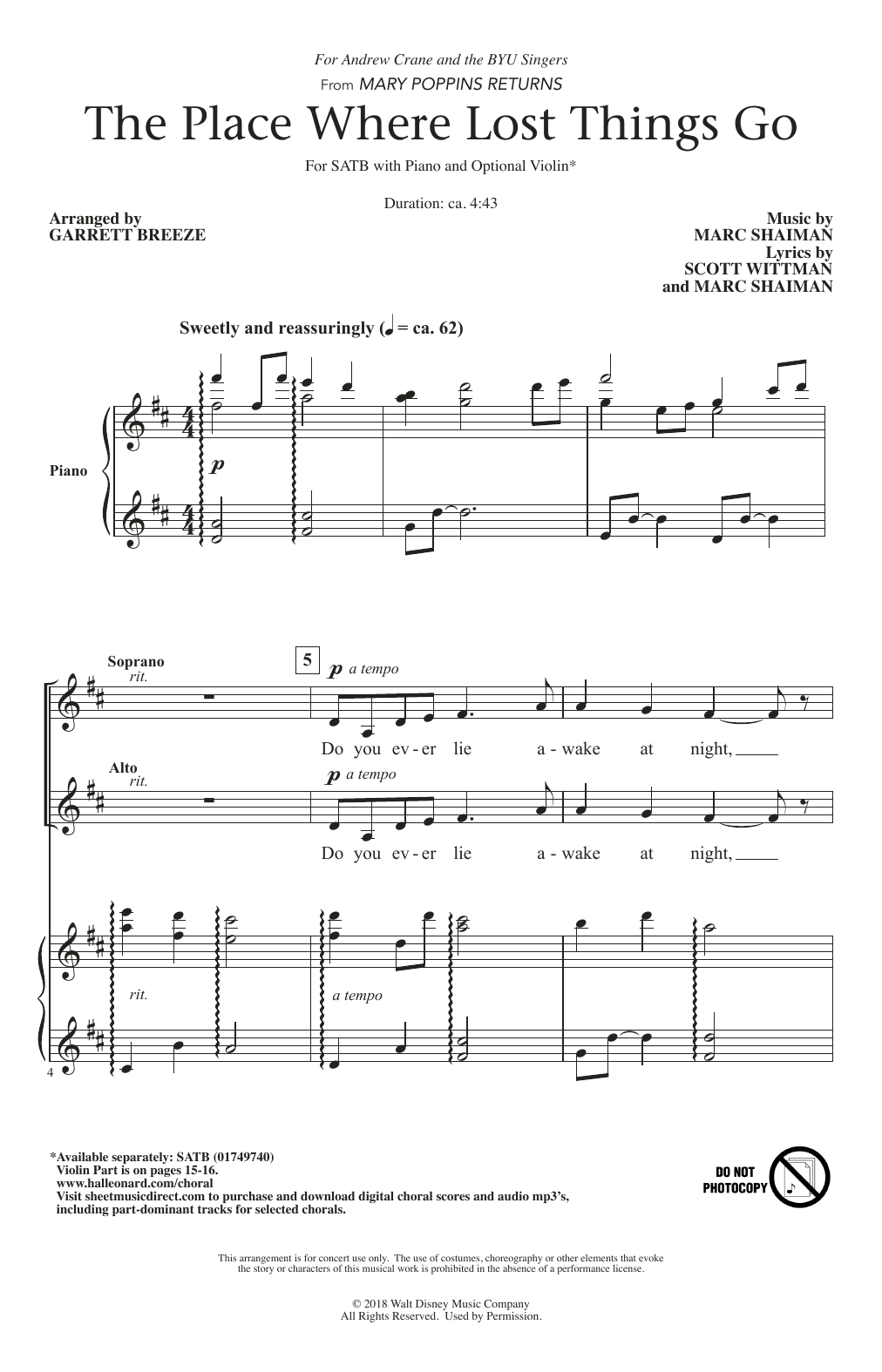 Download Marc Shaiman & Scott Wittman The Place Where Lost Things Go (from Mary Poppins Returns) Sheet Music and learn how to play SATB Choir PDF digital score in minutes