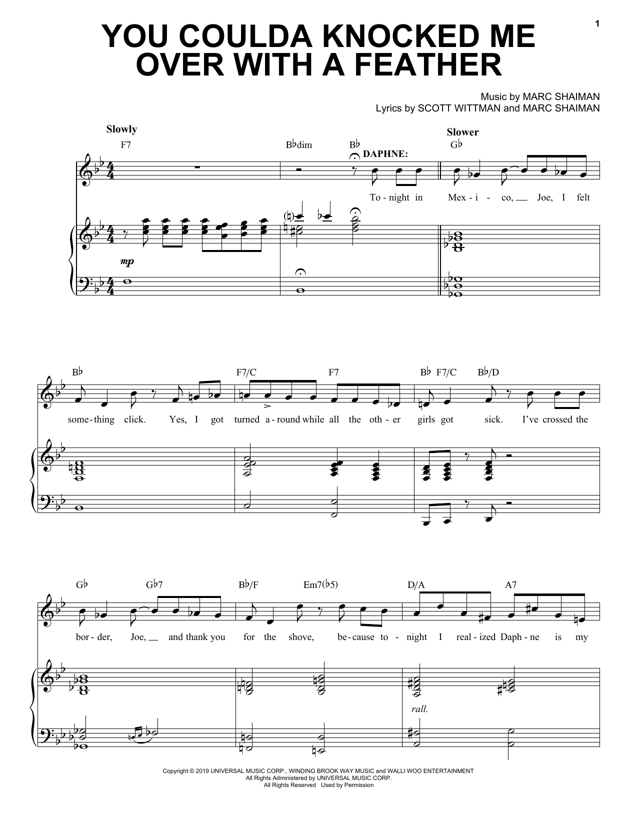 Download Marc Shaiman & Scott Wittman You Coulda Knocked Me Over With A Feather (from Some Like It Hot) Sheet Music and learn how to play Piano, Vocal & Guitar Chords (Right-Hand Melody) PDF digital score in minutes