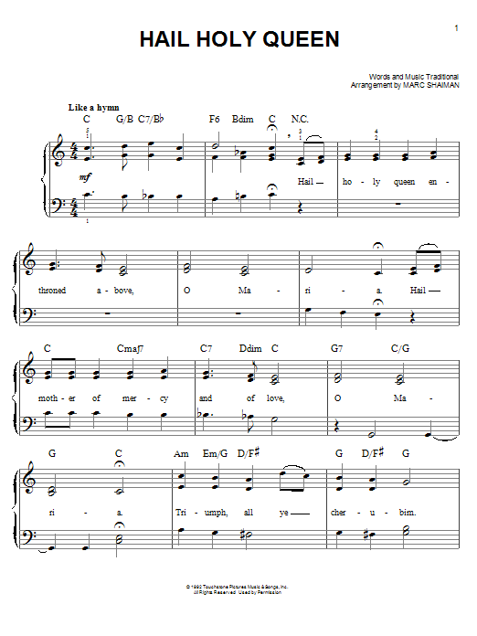 Download Marc Shaiman Hail Holy Queen Sheet Music and learn how to play Easy Piano PDF digital score in minutes