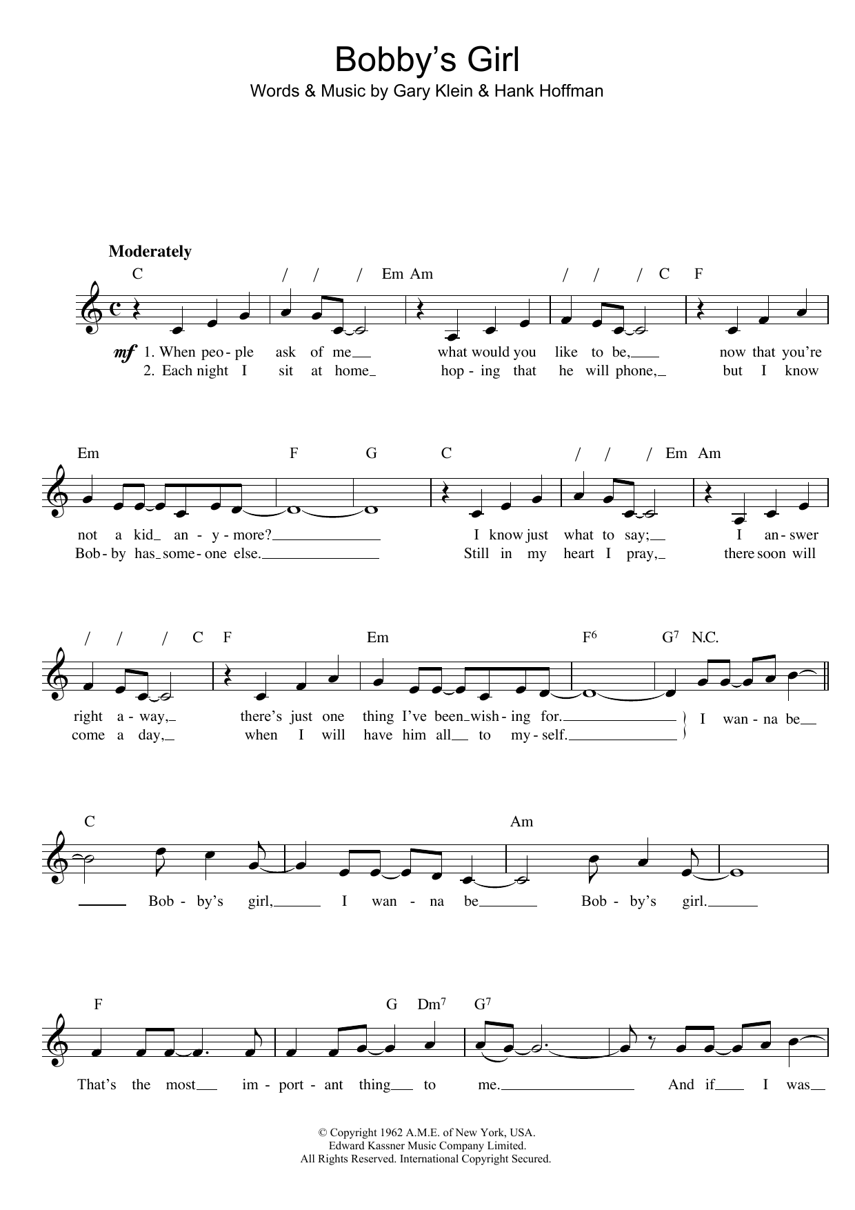 Download Marcie Blane Bobby's Girl Sheet Music and learn how to play Lyrics & Chords PDF digital score in minutes