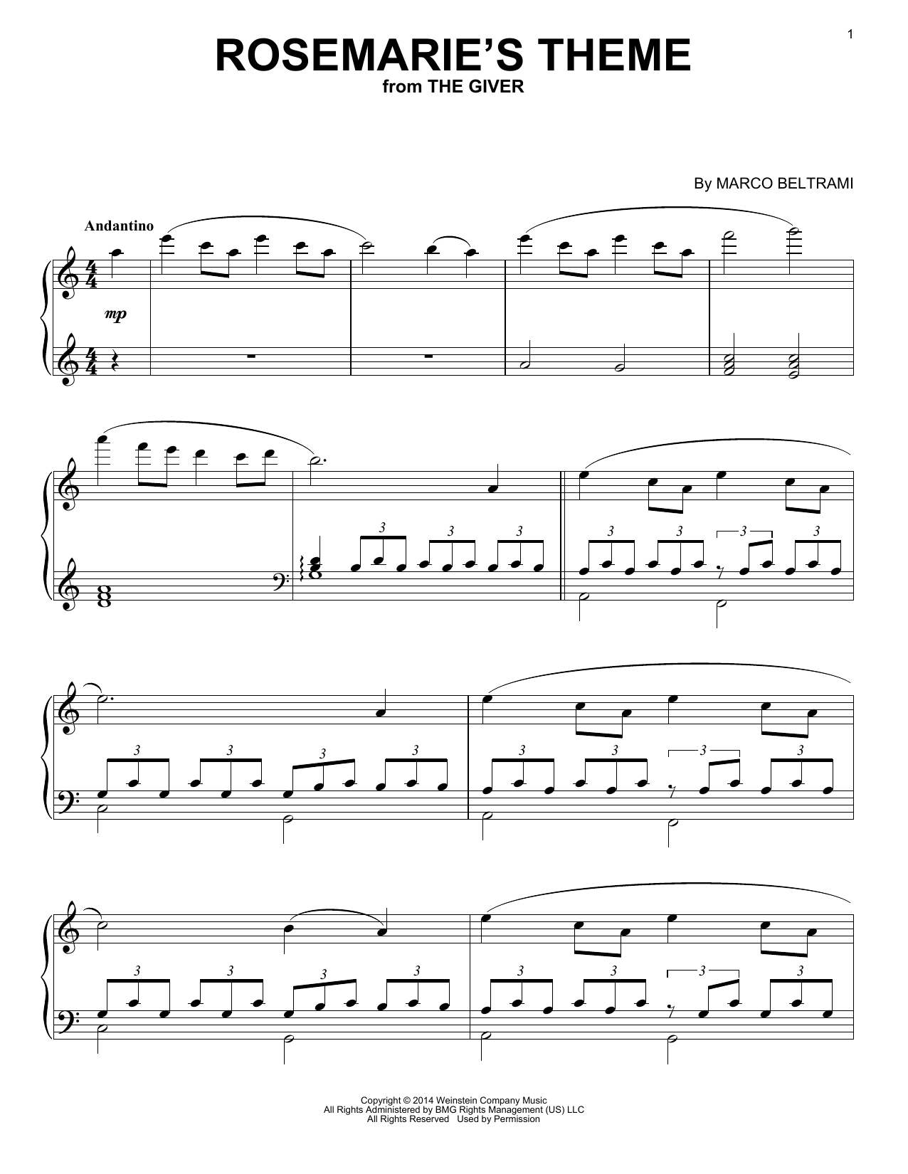 Download Marco Beltrami Rosemarie's Theme (from 'The Giver') Sheet Music and learn how to play Piano PDF digital score in minutes