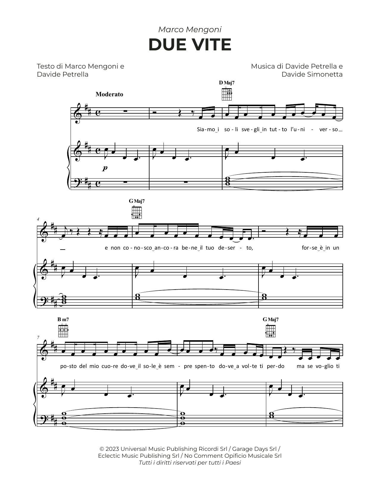 Download Marco Mengoni Due Vite Sheet Music and learn how to play Piano, Vocal & Guitar Chords (Right-Hand Melody) PDF digital score in minutes