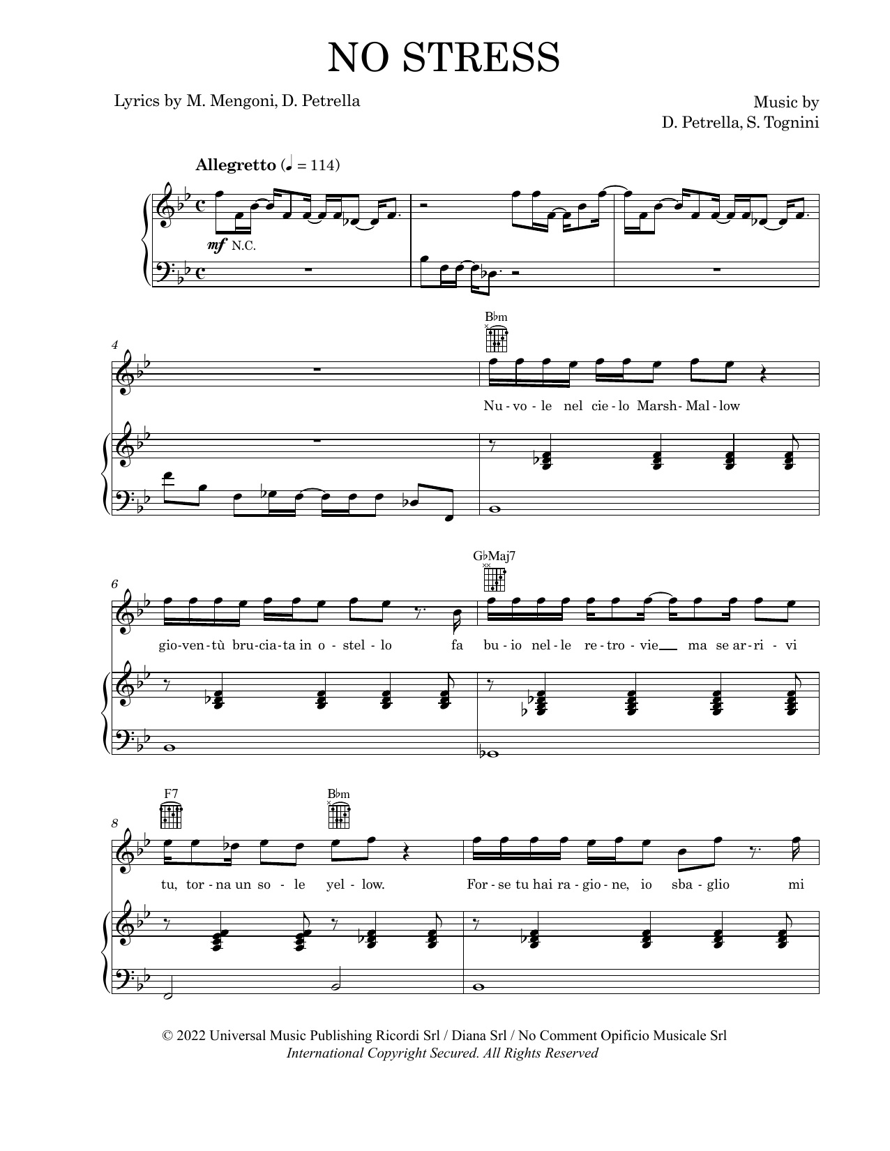 Download Marco Mengoni No Stress Sheet Music and learn how to play Piano, Vocal & Guitar Chords (Right-Hand Melody) PDF digital score in minutes