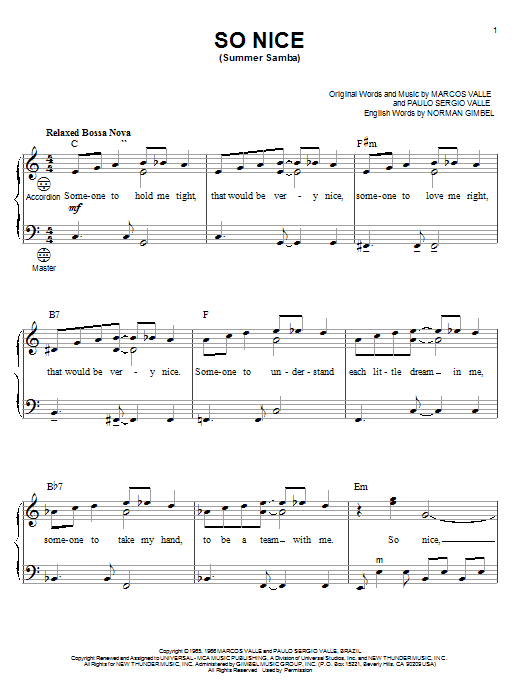 Download Marcos Valle So Nice (Summer Samba) Sheet Music and learn how to play Real Book - Melody & Chords - Bass Clef Instruments PDF digital score in minutes