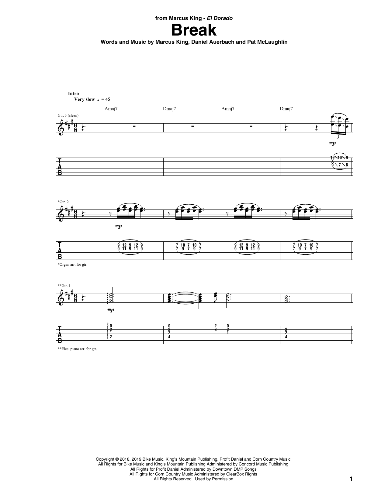 Download Marcus King Break Sheet Music and learn how to play Guitar Tab PDF digital score in minutes