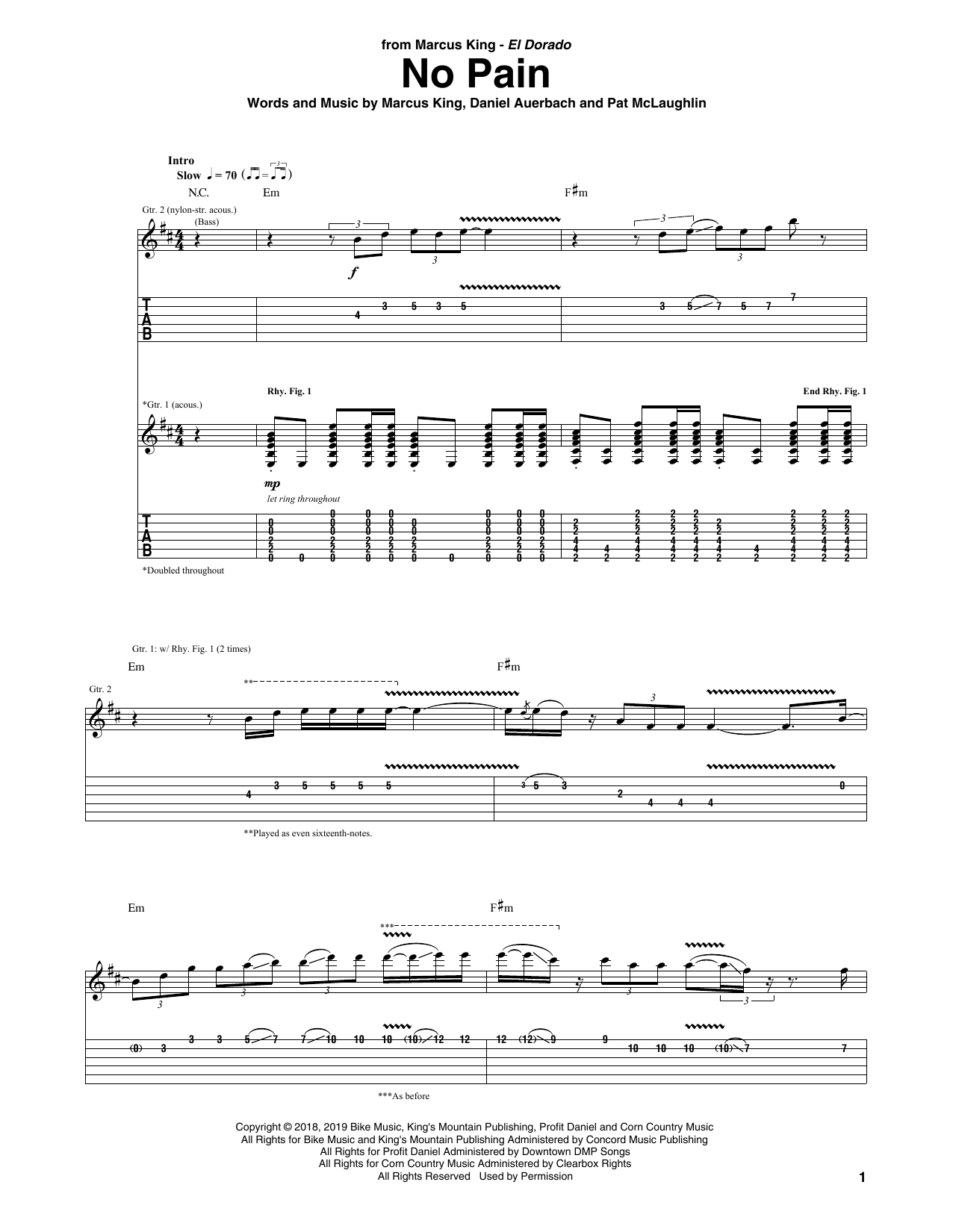 Download Marcus King No Pain Sheet Music and learn how to play Guitar Tab PDF digital score in minutes