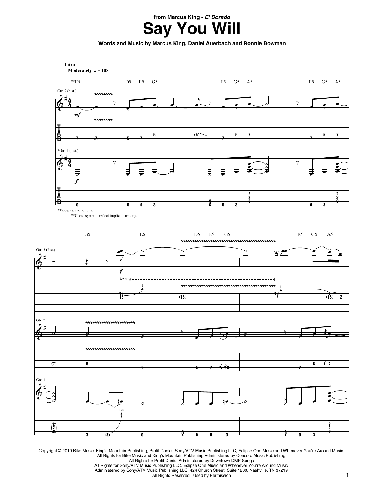 Download Marcus King Say You Will Sheet Music and learn how to play Guitar Tab PDF digital score in minutes