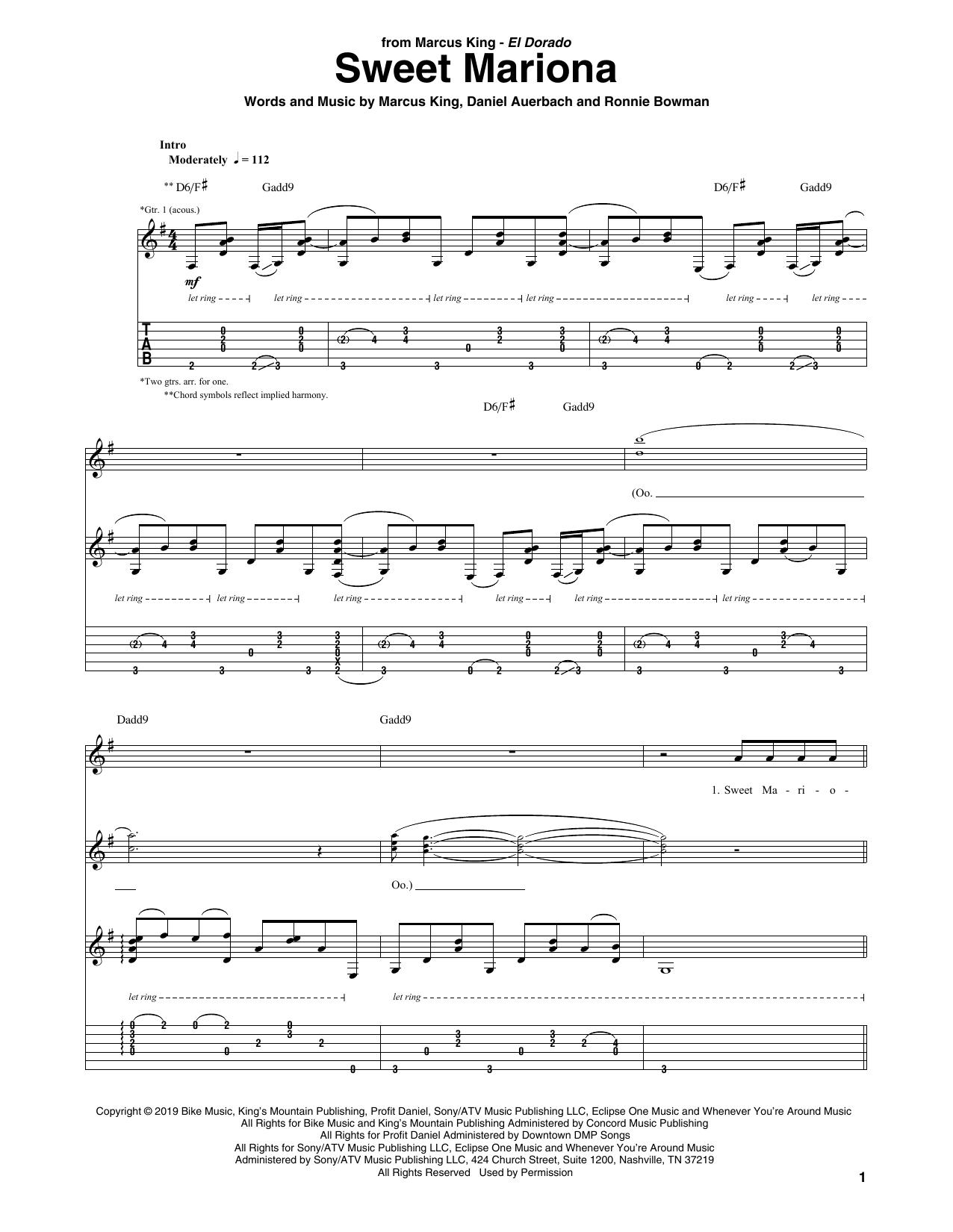 Download Marcus King Sweet Mariona Sheet Music and learn how to play Guitar Tab PDF digital score in minutes