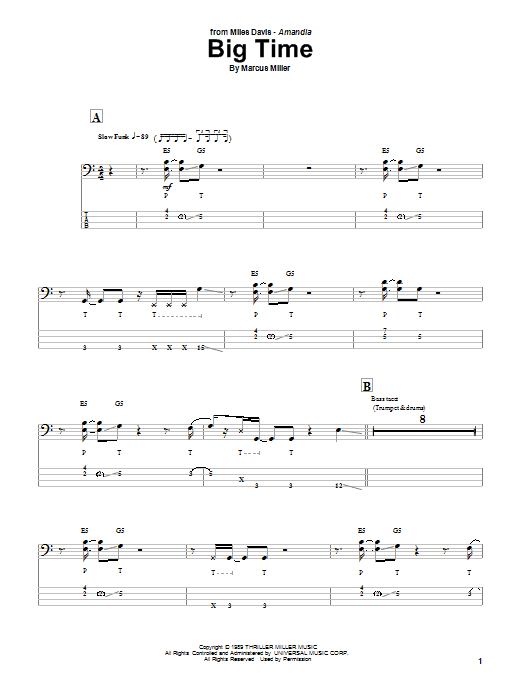 Download Marcus Miller Big Time Sheet Music and learn how to play Bass Guitar Tab PDF digital score in minutes