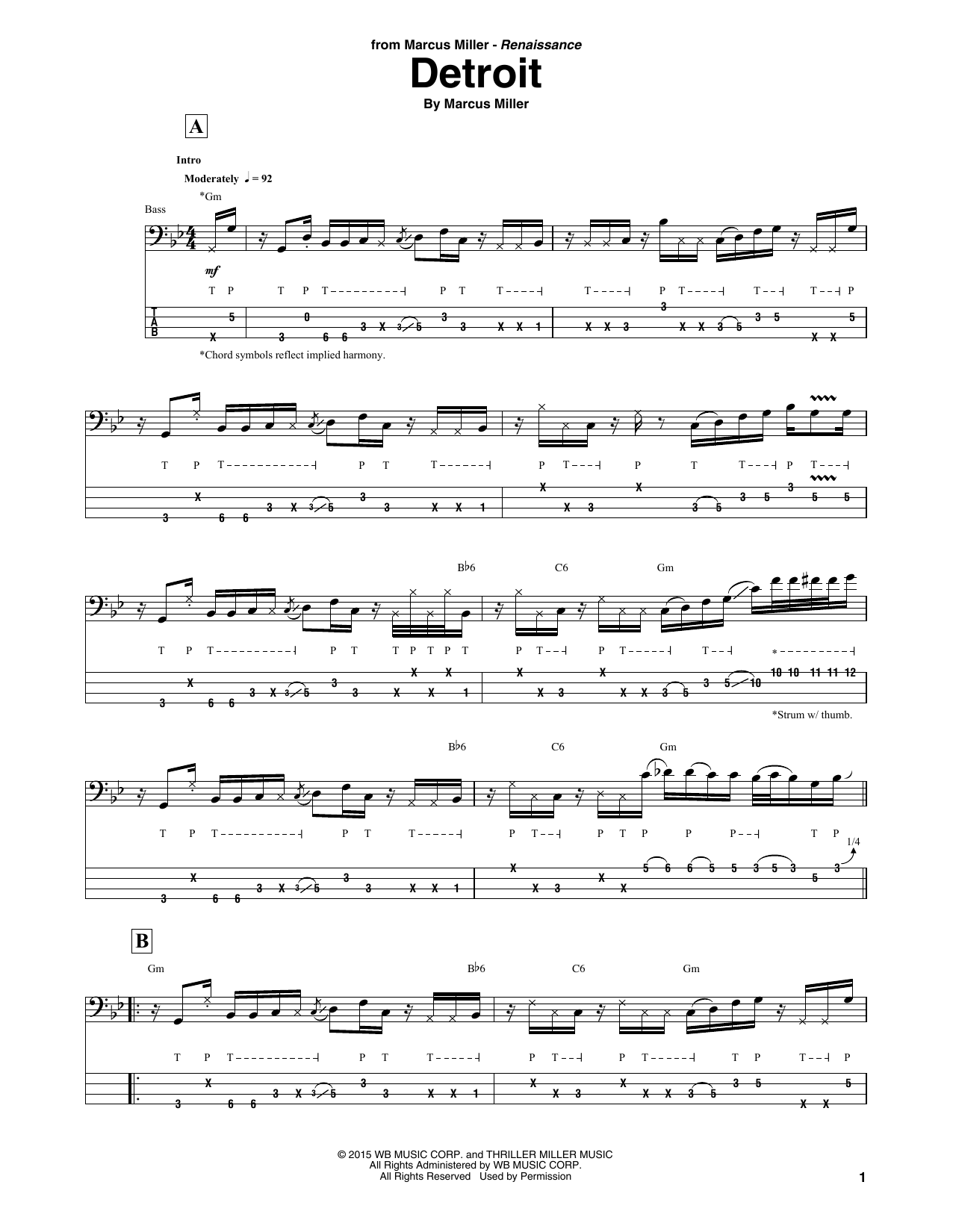 Download Marcus Miller Detroit Sheet Music and learn how to play Bass Guitar Tab PDF digital score in minutes