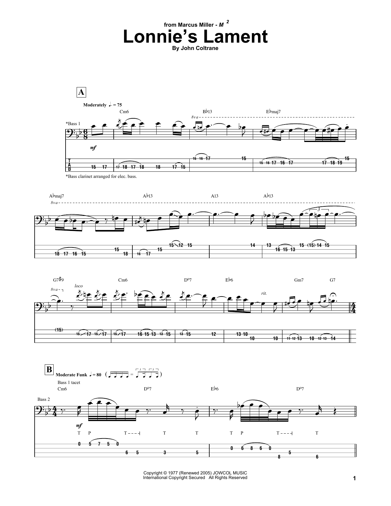 Download Marcus Miller Lonnie's Lament Sheet Music and learn how to play Bass Guitar Tab PDF digital score in minutes