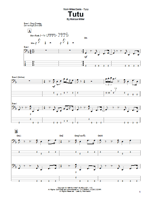 Download Marcus Miller Tutu Sheet Music and learn how to play Bass Guitar Tab PDF digital score in minutes