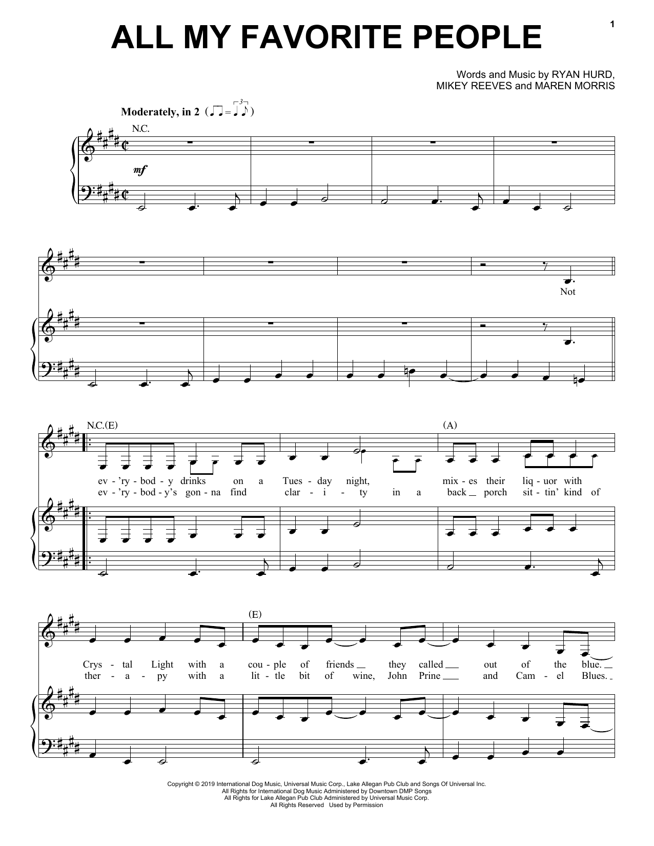 Download Maren Morris All My Favorite People (feat. Brothers Osborne) Sheet Music and learn how to play Piano, Vocal & Guitar Chords (Right-Hand Melody) PDF digital score in minutes