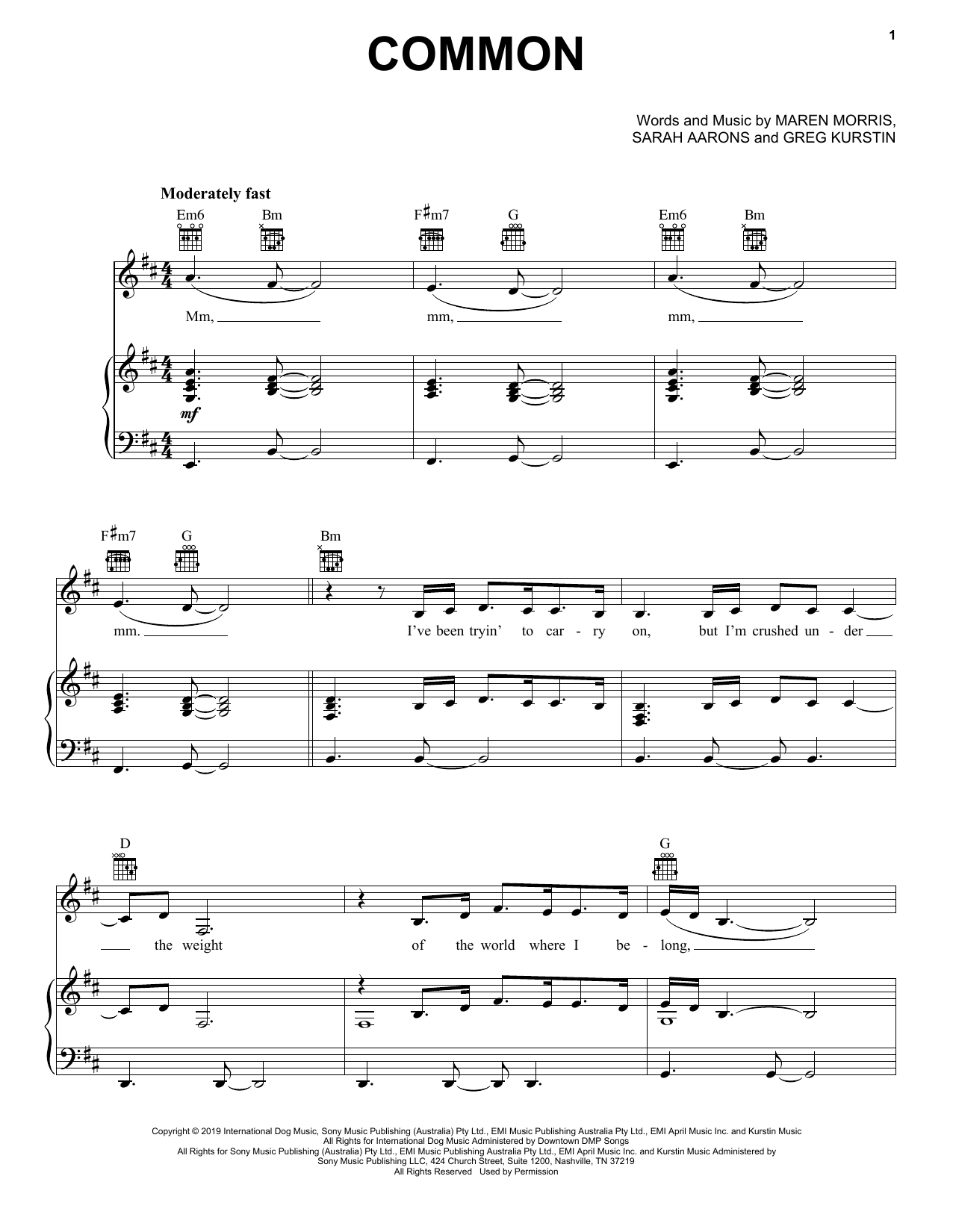 Download Maren Morris Common (feat. Brandi Carlile) Sheet Music and learn how to play Piano, Vocal & Guitar Chords (Right-Hand Melody) PDF digital score in minutes