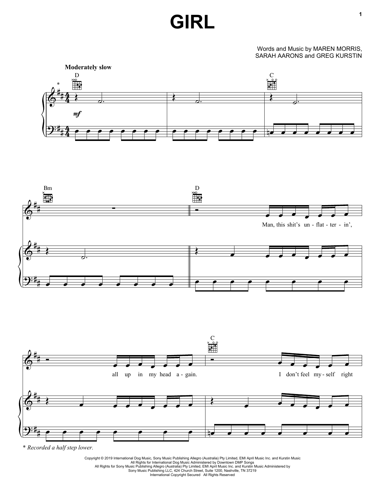 Download Maren Morris GIRL Sheet Music and learn how to play Piano, Vocal & Guitar Chords (Right-Hand Melody) PDF digital score in minutes