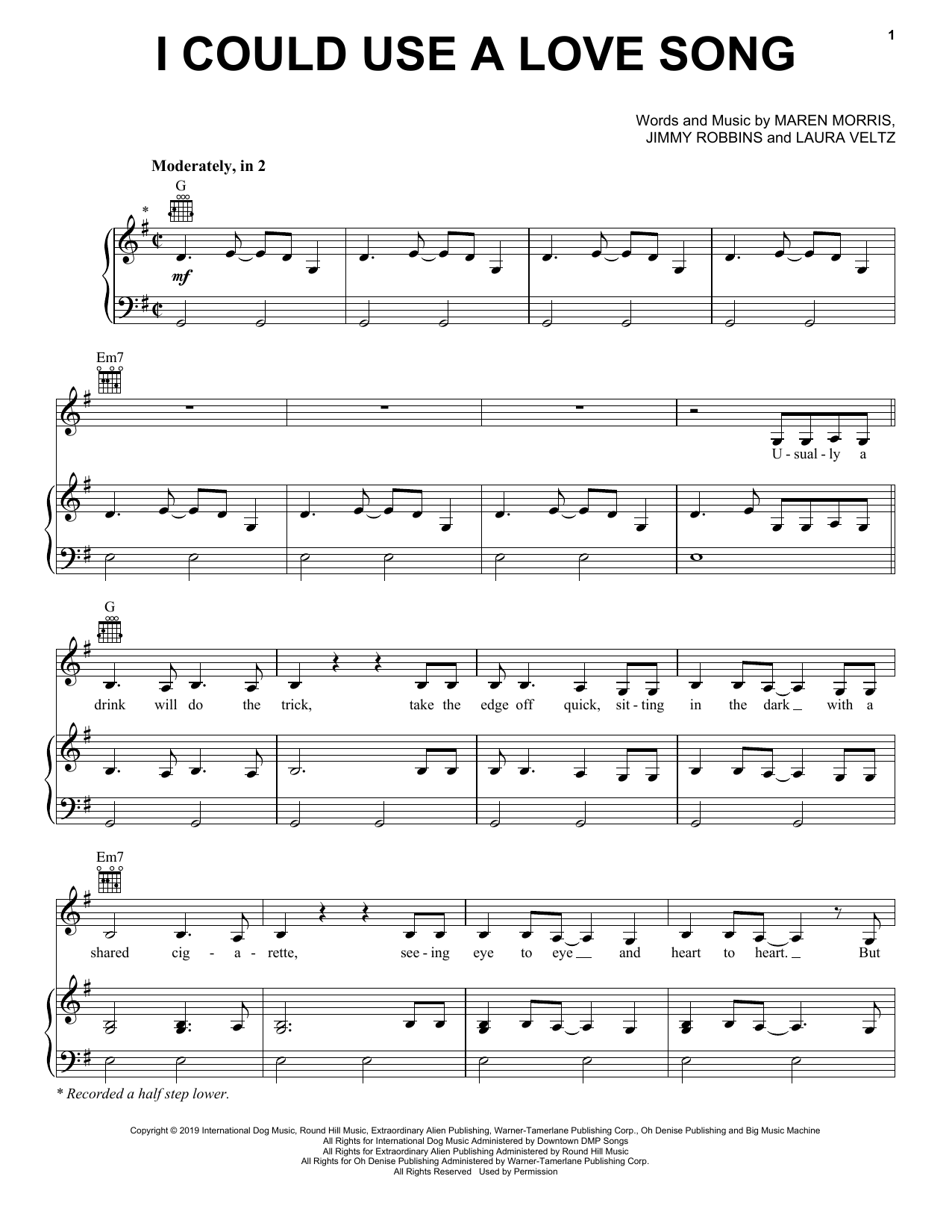 Download Maren Morris I Could Use A Love Song Sheet Music and learn how to play Piano, Vocal & Guitar Chords (Right-Hand Melody) PDF digital score in minutes