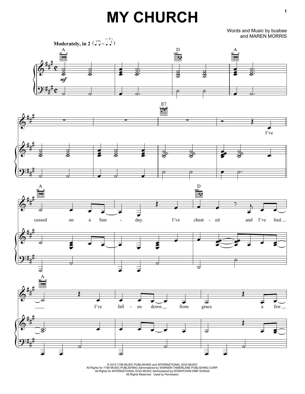 Download Maren Morris My Church Sheet Music and learn how to play Really Easy Guitar PDF digital score in minutes