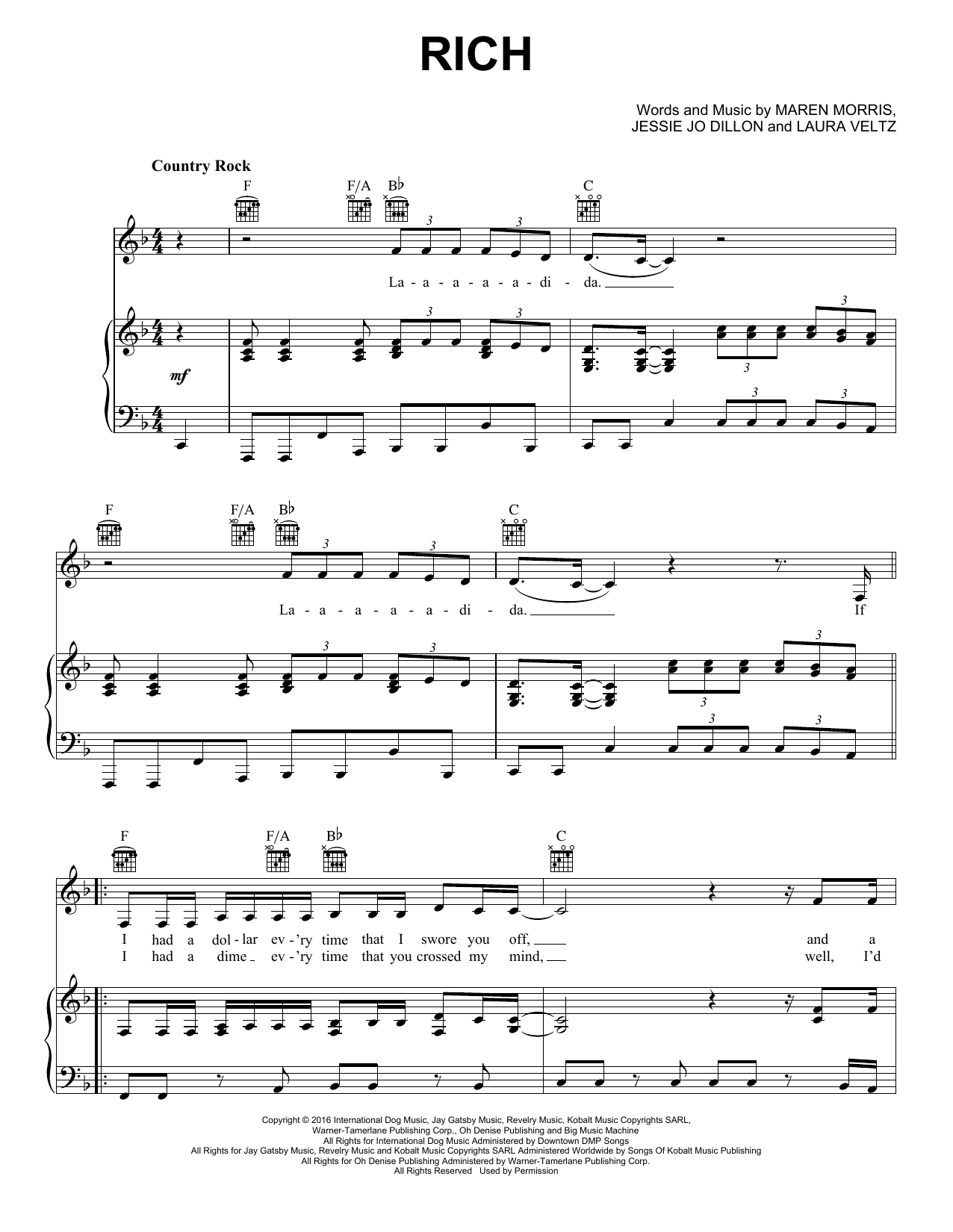 Download Maren Morris Rich Sheet Music and learn how to play Piano, Vocal & Guitar Chords (Right-Hand Melody) PDF digital score in minutes