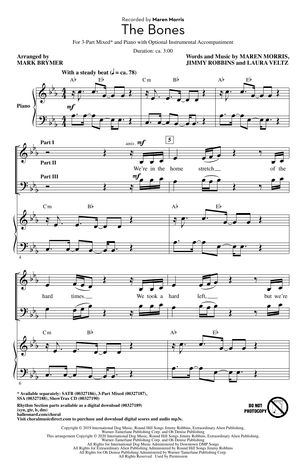 Download Maren Morris The Bones (arr. Mark Brymer) Sheet Music and learn how to play 3-Part Mixed Choir PDF digital score in minutes