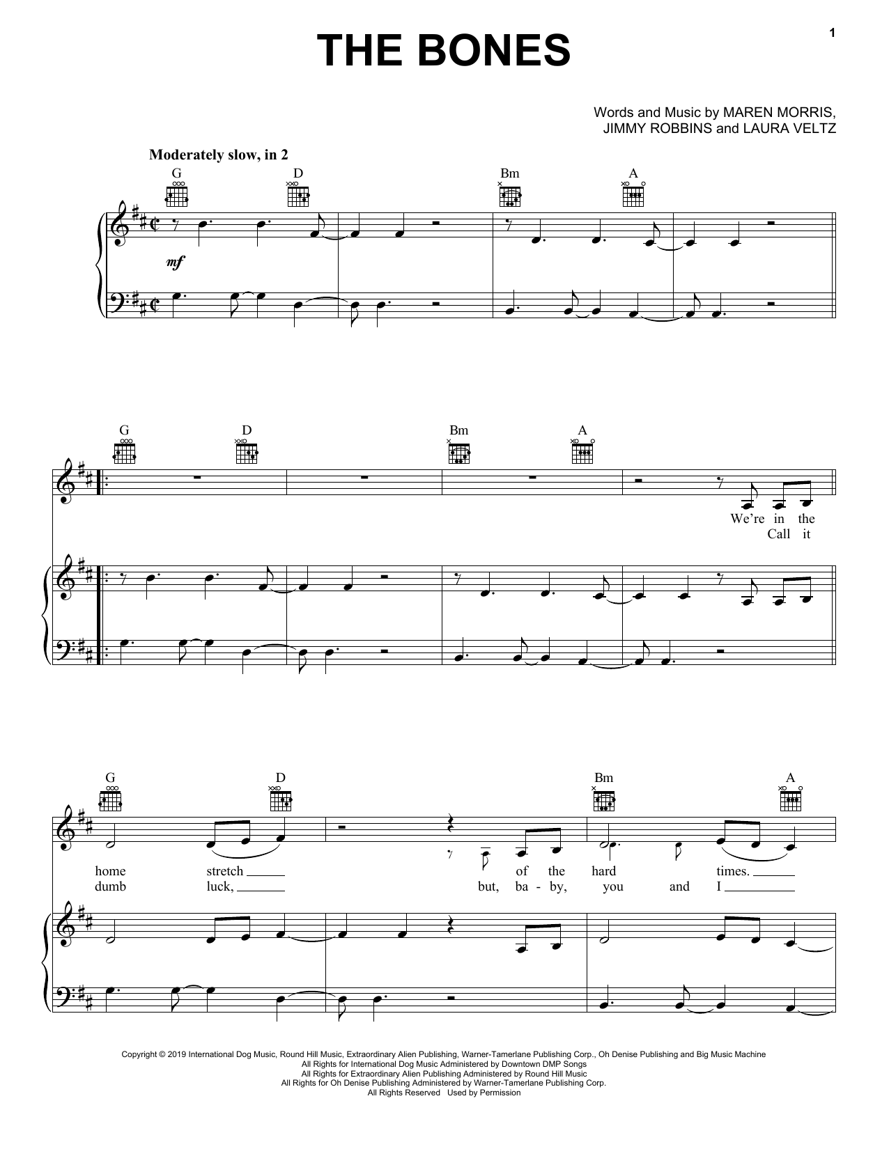 Download Maren Morris The Bones Sheet Music and learn how to play Very Easy Piano PDF digital score in minutes