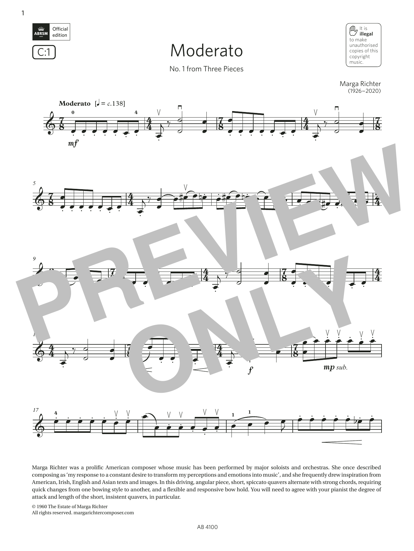 Download Marga Richter Moderato (Grade 6, C1, from the ABRSM Violin Syllabus from 2024) Sheet Music and learn how to play Violin Solo PDF digital score in minutes