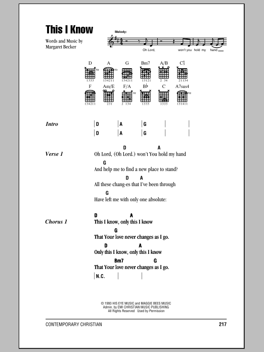 Download Margaret Becker This I Know Sheet Music and learn how to play Lyrics & Chords PDF digital score in minutes